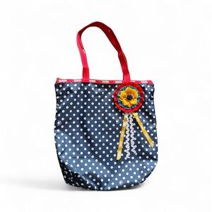 LeSportsac White and Blue Polka Dot Zip Top Tote Bag with Red Handles and Flower